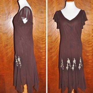 SL Fashions Dark Brown Below the Knee Dress With Short Wing Sleeves & Appliques